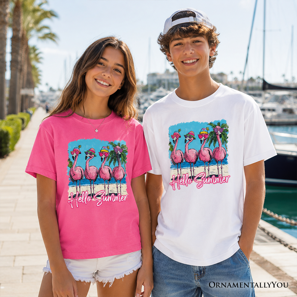 Kids Flamingo Hello Summer T-Shirt, Tropical Beach Vacation Youth Tee - Grazingbelles