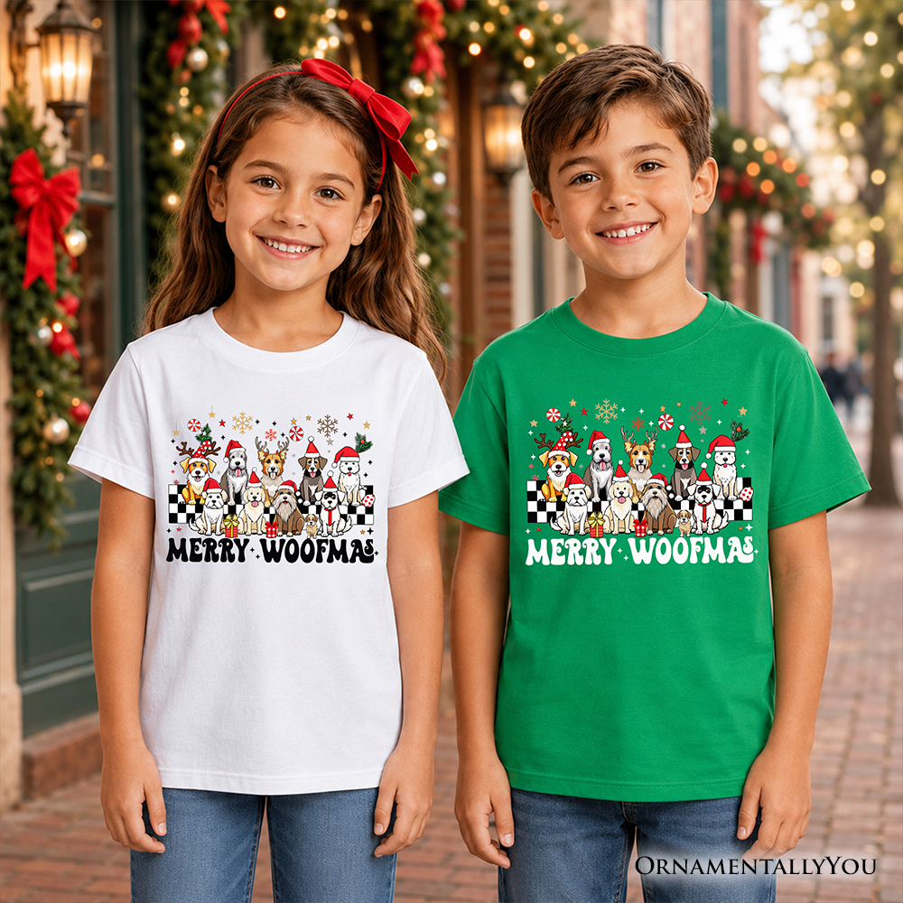Kids Merry Woofmas Dog T-Shirt, Dogs With Santa Hats Christmas Youth Tee - Grazingbelles