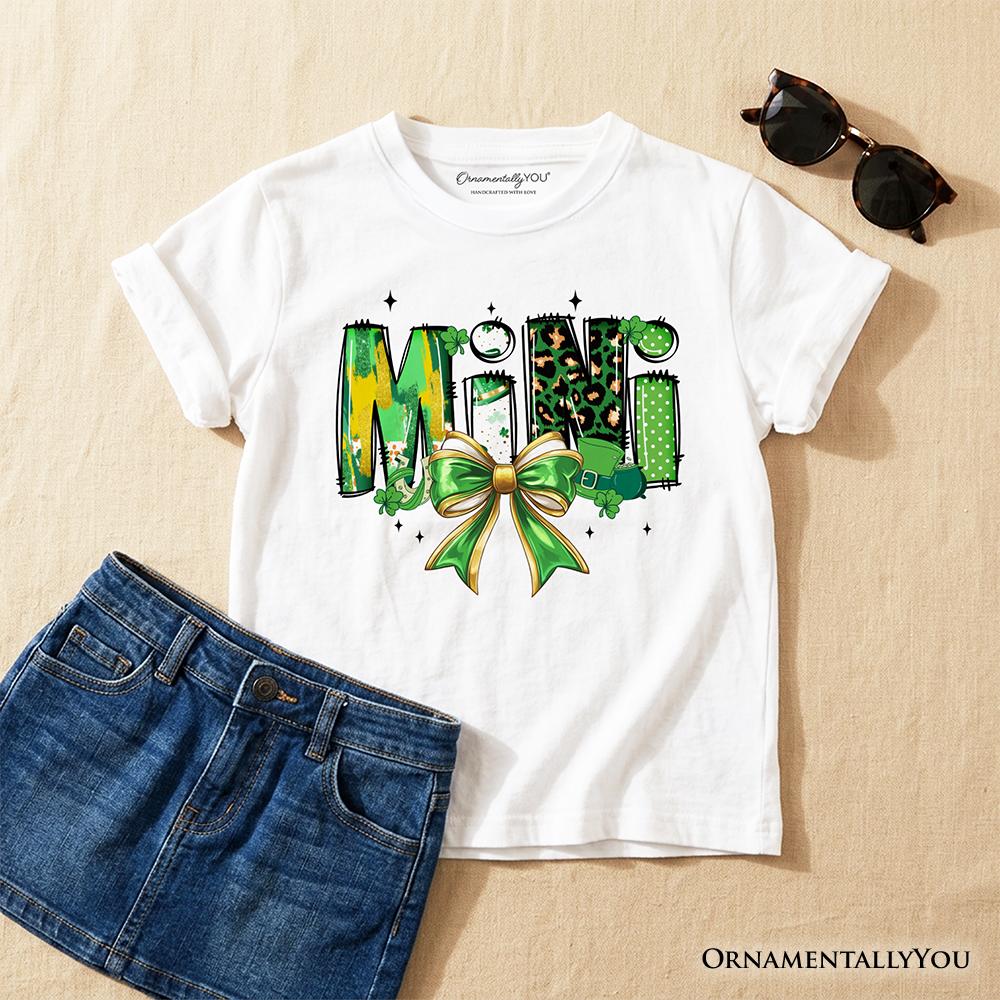 Kids Mini Clover Bow St Patrick's Day T-Shirt, Coquette Lucky Shamrock Clover Tee for Youth - Grazingbelles