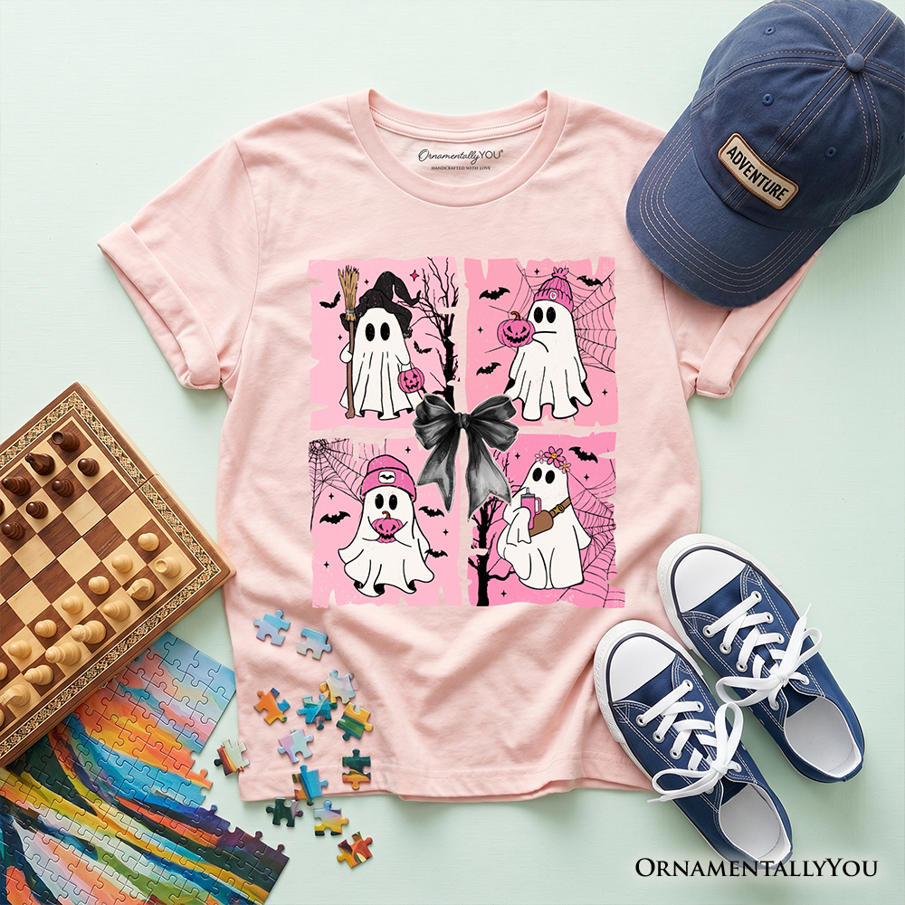Kids Pink Halloween Ghost T-Shirt, Coquette Spooky Season Tee for Youth - Grazingbelles