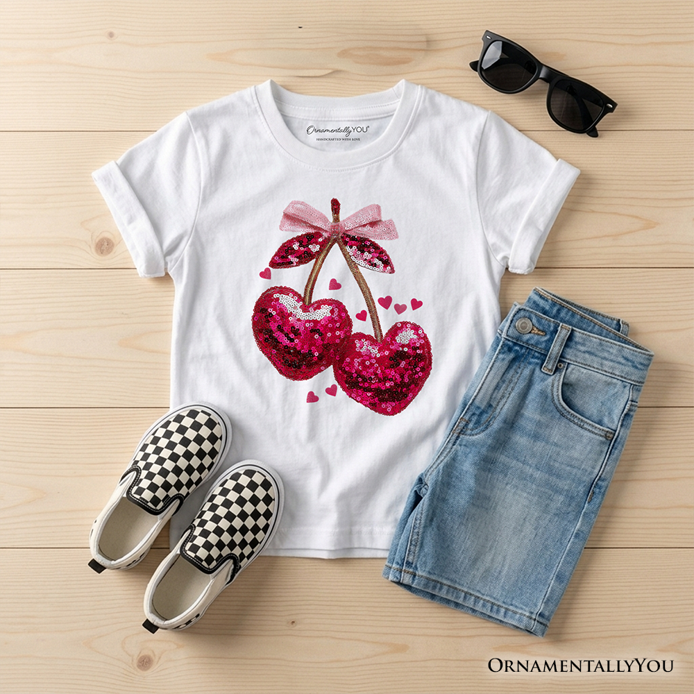 Kids Sequin Pink Cherry Heart Valentine T-Shirt, Mood for Love Coquette Tee for Youth Girls - Grazingbelles