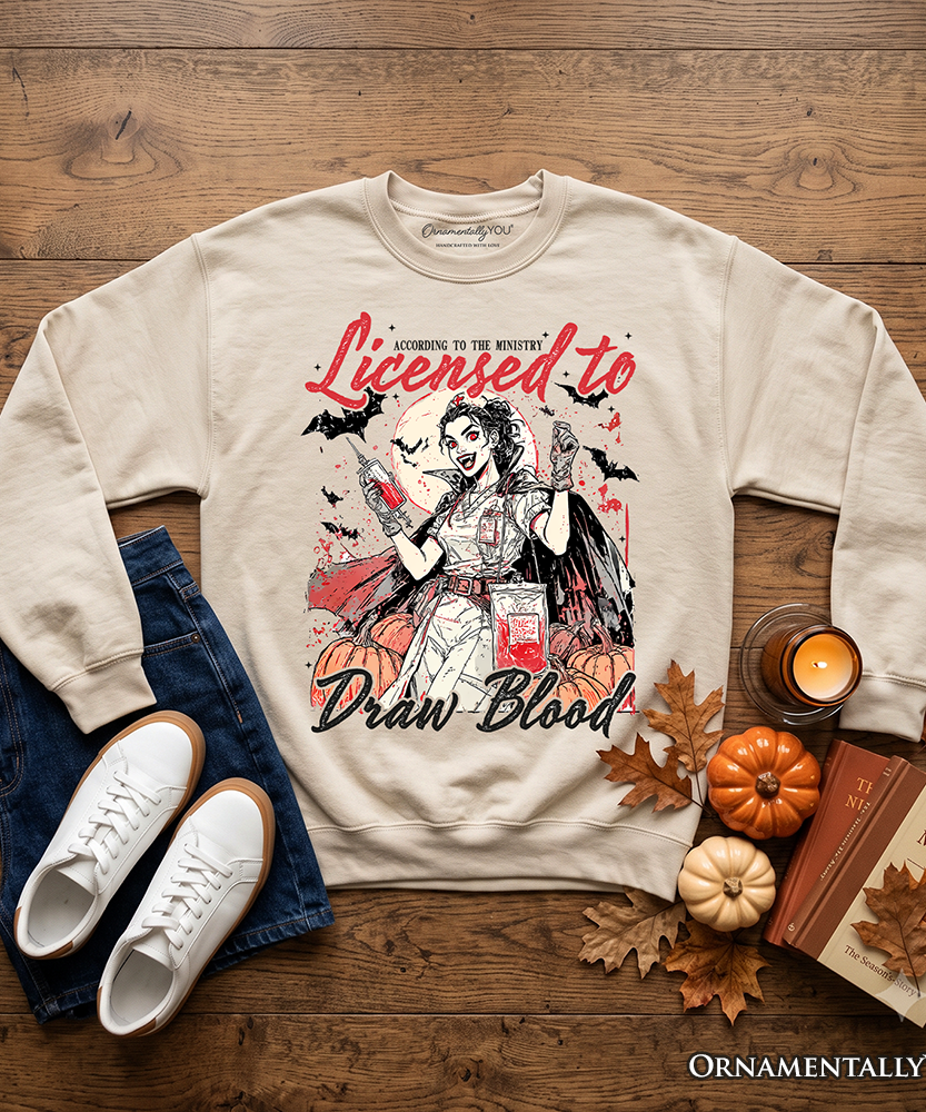Licensed to Draw Blood Halloween Nurse Sweatshirt, Groovy Sweater for Spooky Season - Grazingbelles