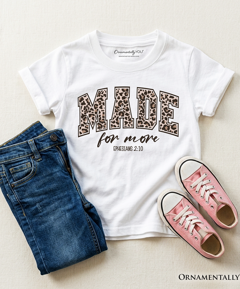 Made For More Kids Christian T-Shirt, Ephesians 2:10 Leopard Faith Bible Verse Easter Tee for Youth - Grazingbelles