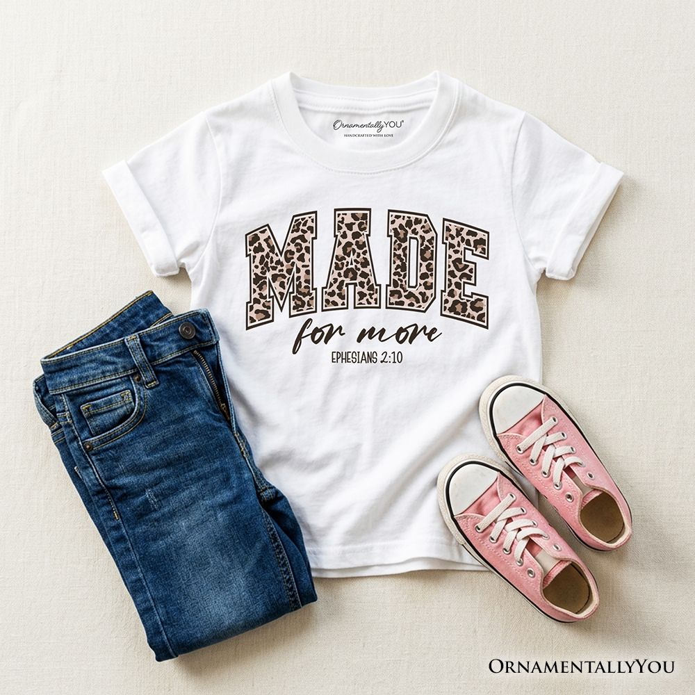 Made For More Kids Christian T-Shirt, Ephesians 2:10 Leopard Faith Bible Verse Easter Tee for Youth - Grazingbelles
