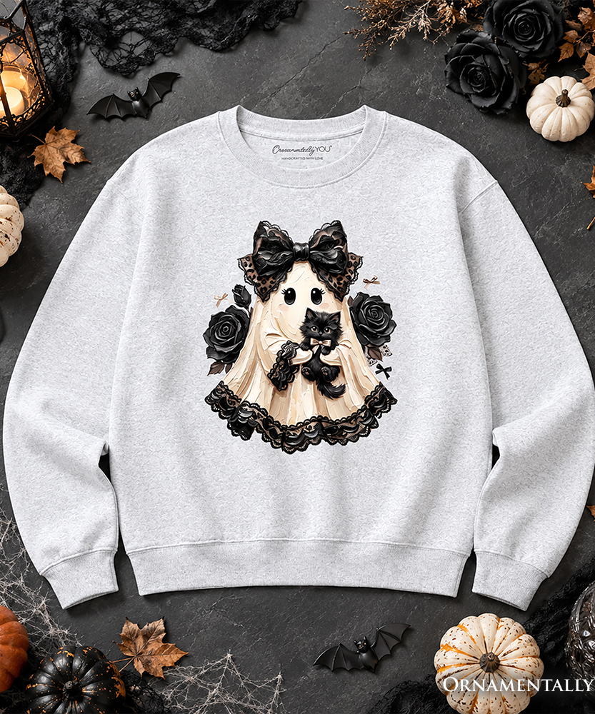 Gothic Ghost with Black Cat Sweatshirt, Black Rose Coquette Halloween Sweater - Grazingbelles
