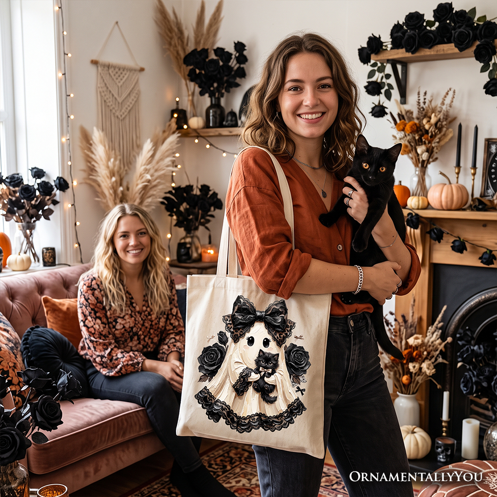Gothic Ghost with Black Cat Tote Bag, Black Rose Coquette Halloween Gift Shopper - Grazingbelles