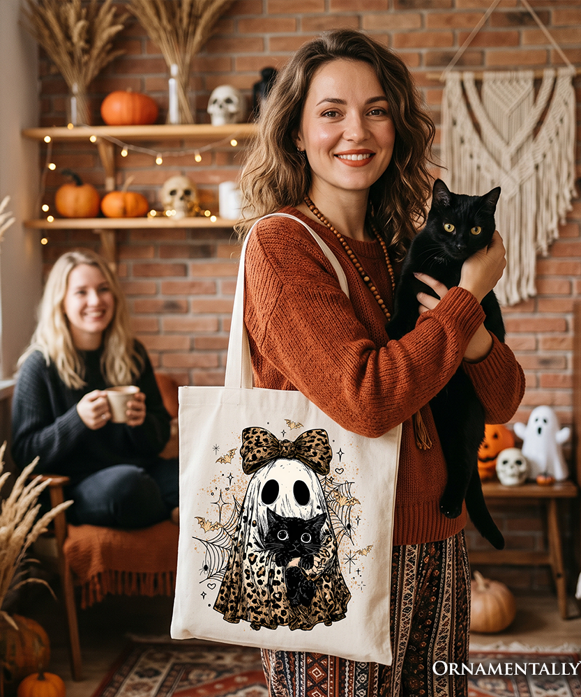 Leopard Bow Ghost with Black Cat Tote Bag, Spooky Halloween Spider Web Gift Shopper - Grazingbelles