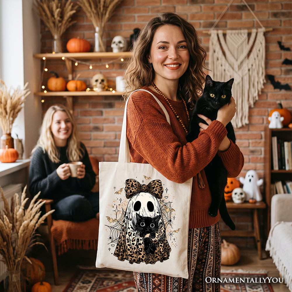 Leopard Bow Ghost with Black Cat Tote Bag, Spooky Halloween Spider Web Gift Shopper - Grazingbelles
