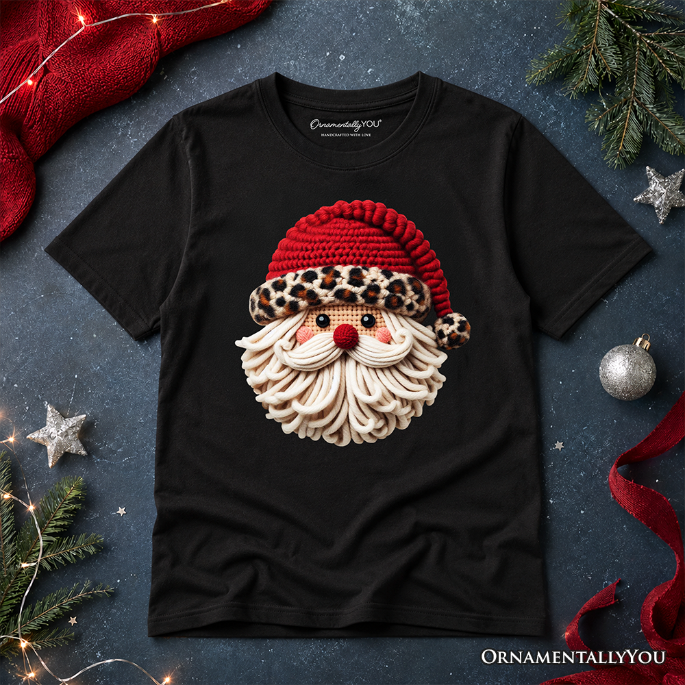 Kids Santa Leopard Hat Christmas T-Shirt, Imitation Latch Hook Yarn Cozy Youth Tee - Grazingbelles