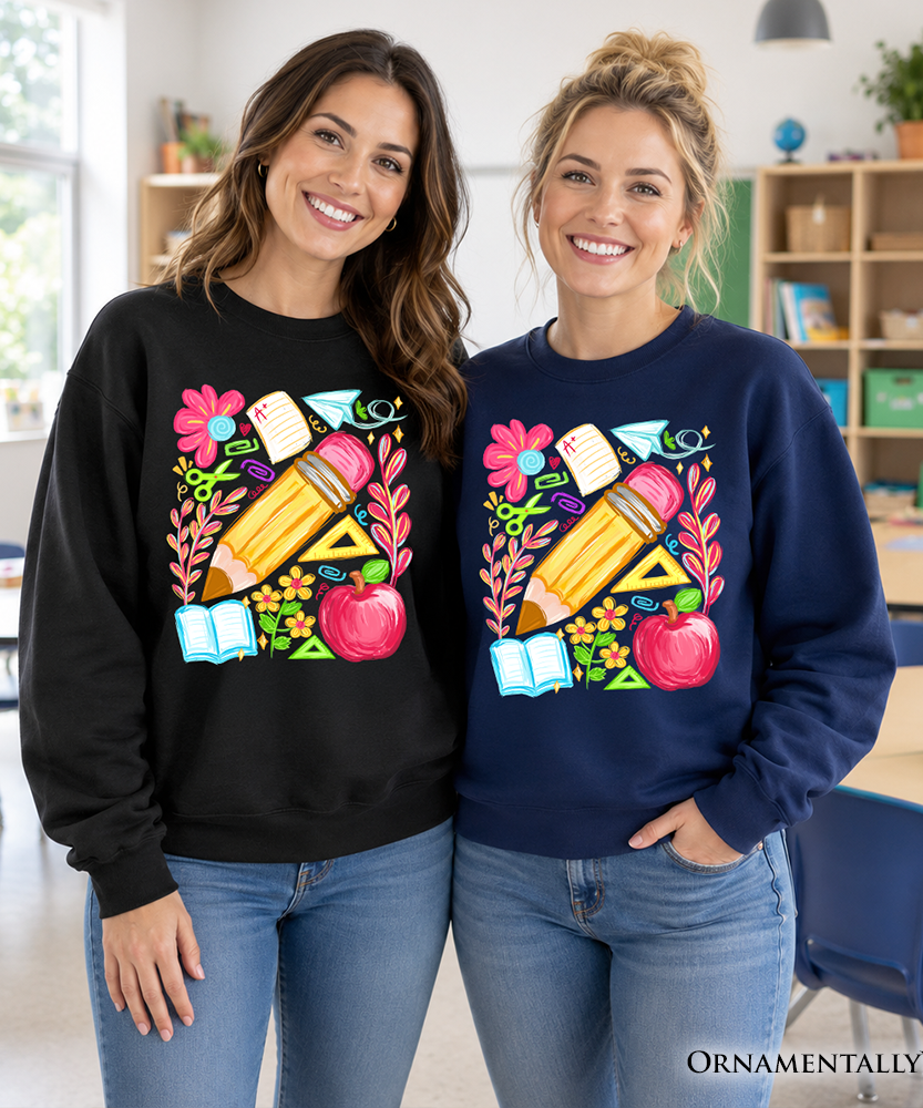 Floral Teacher Pencil Sweatshirt, Colorful Back to School Sweater