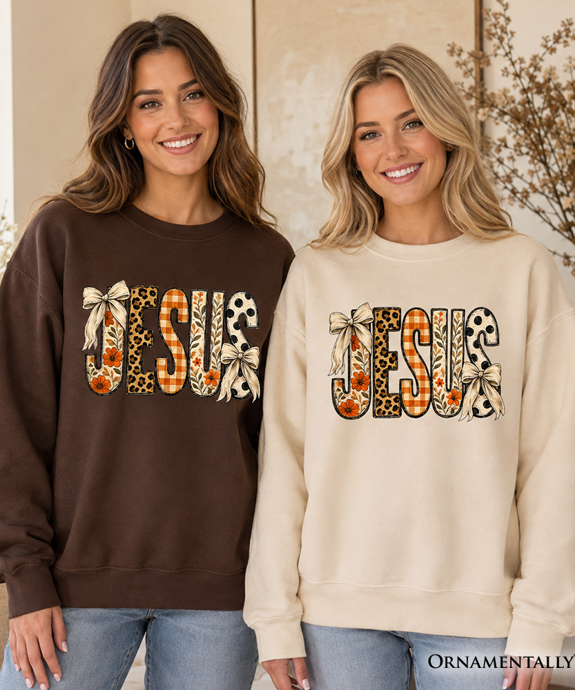 Jesus Coquette Fall Sweatshirt, Leopard Plaid Floral Christian Faith Sweater - Grazingbelles