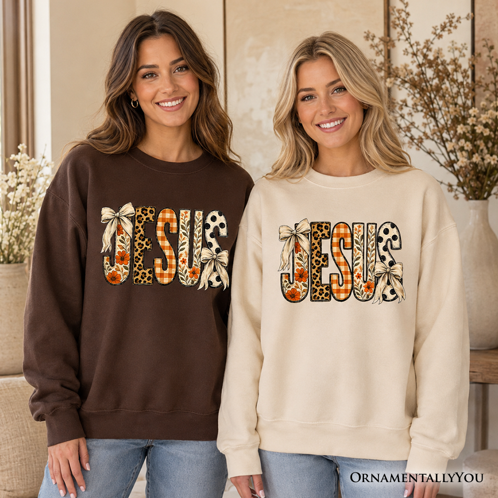 Jesus Coquette Fall Sweatshirt, Leopard Plaid Floral Christian Faith Sweater - Grazingbelles