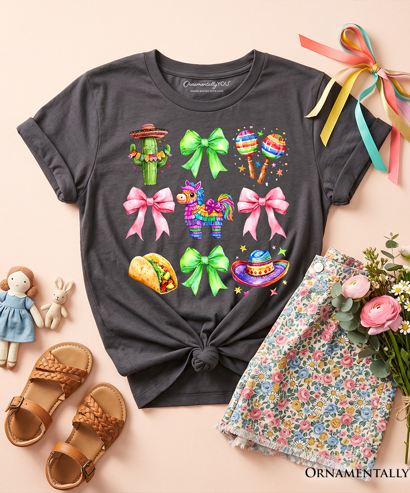 Kids Cinco De Mayo Coquette Bow T-Shirt, Mexican Fiesta Maracas Youth Tee - Grazingbelles