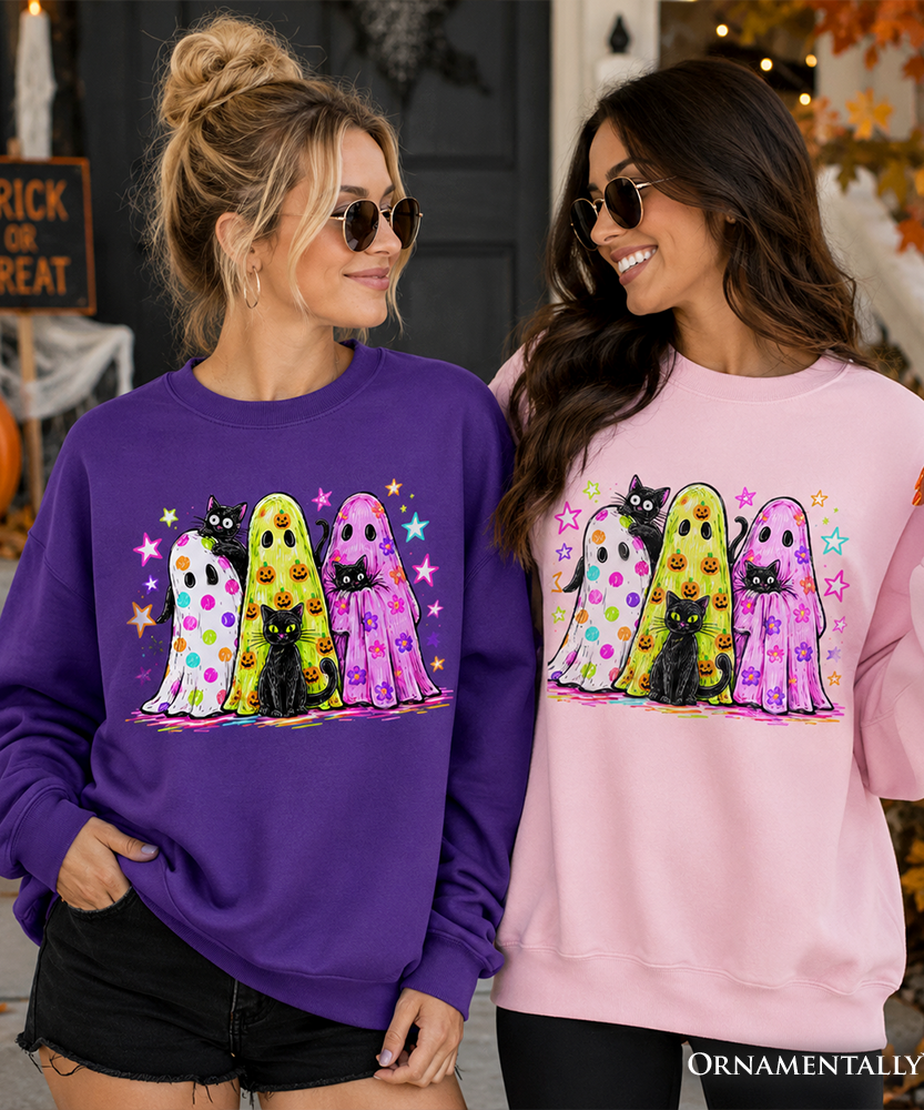 Colorful Ghosts and Black Cats Sweatshirt, Neon Halloween Spooky Season Sweater