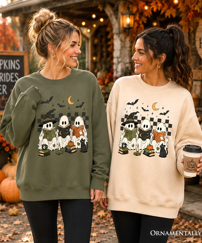 Bookish Ghosts Reading Sweatshirt, Checkered Halloween Witch Cat Sweater