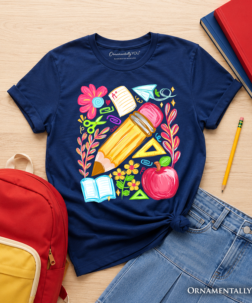 Kids Floral Student Pencil T-Shirt, Colorful Back to School Tee for Youth