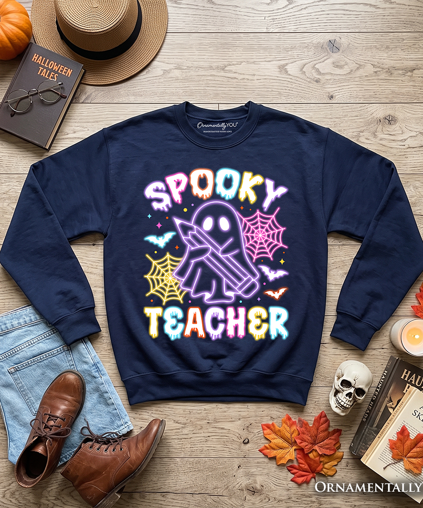 Spooky Teacher Neon Ghost Sweatshirt, Retro Halloween Sweater for Educators - Grazingbelles