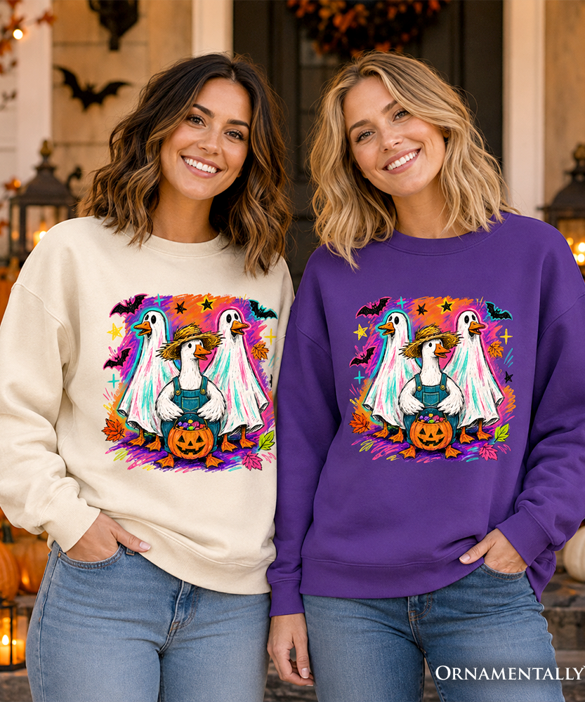 Trick or Treat Geese Sweatshirt, Colorful Halloween Ghost Costume Sweater