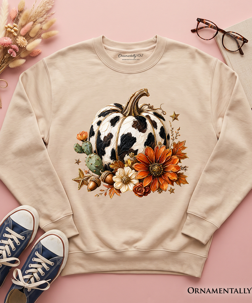 Cow Pumpkin Floral Sweatshirt, Western Autumn Harvest Sweater - Grazingbelles