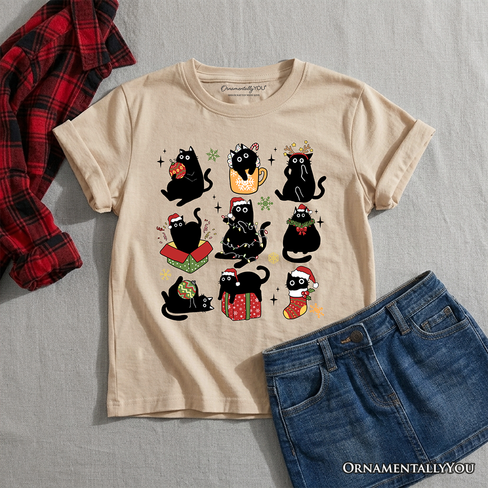 Kids Christmas Black Cats T-Shirt, Whimsical Cats with Santa Hat Youth Tee - Grazingbelles