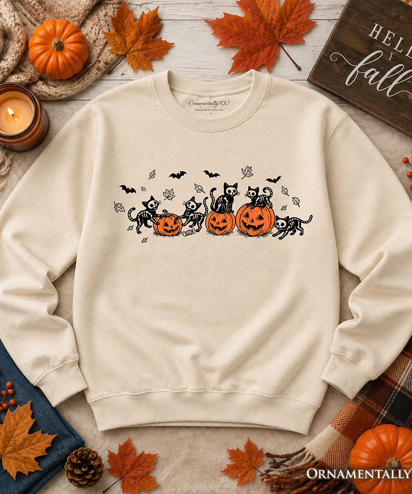 Skeleton Cats and Pumpkins Sweatshirt, Spooky Halloween Black Cat Sweater