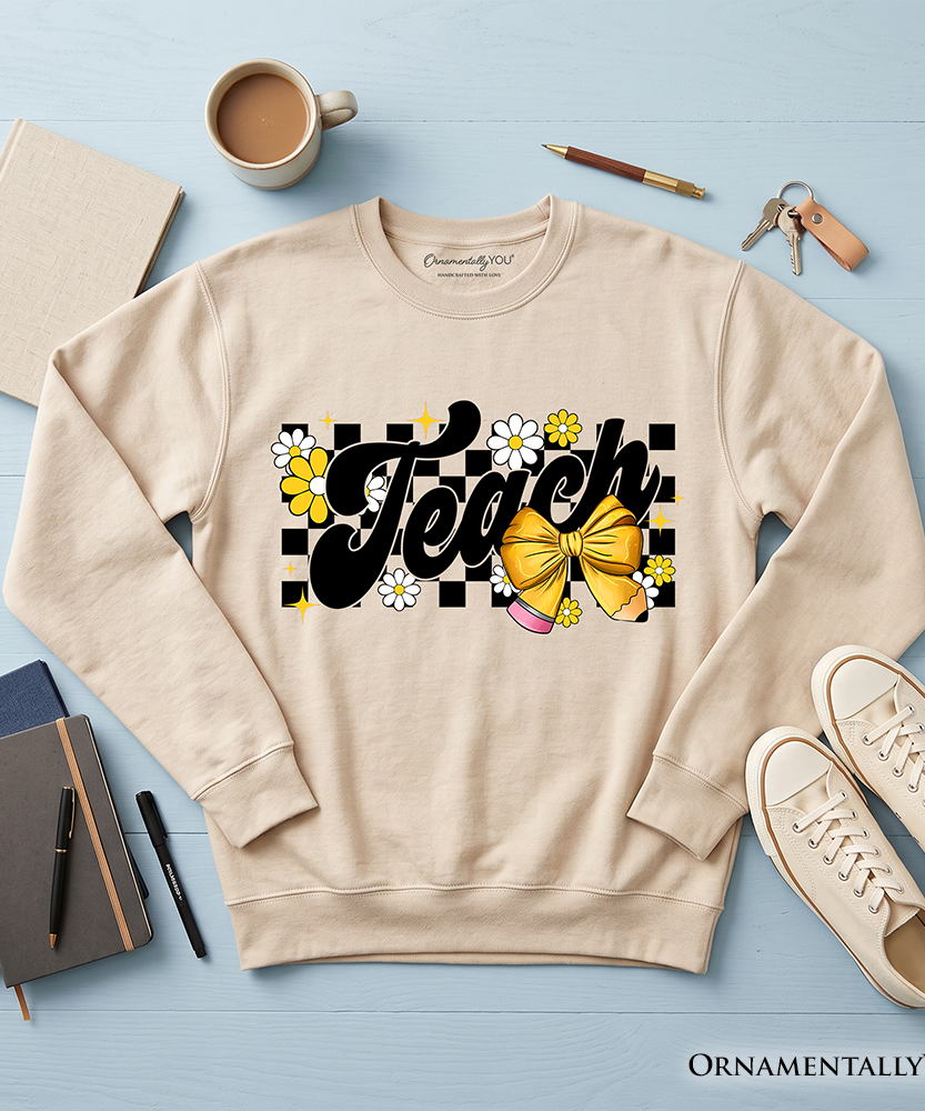 Teach Checkered Coquette Bow Sweatshirt, Retro Sweater for Trendy Teachers - Grazingbelles
