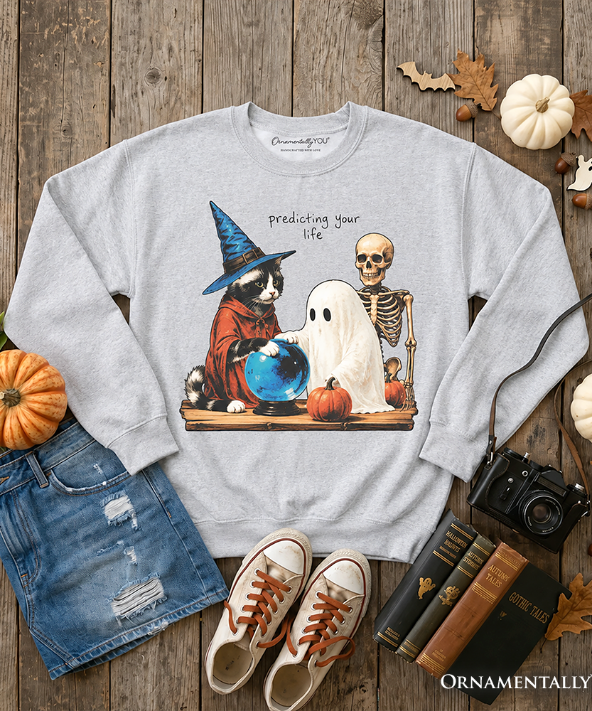 Predicting Your Life Witch Racoon Sweatshirt, Vintage Halloween Ghost Skeleton Fortune Teller Sweater - Grazingbelles