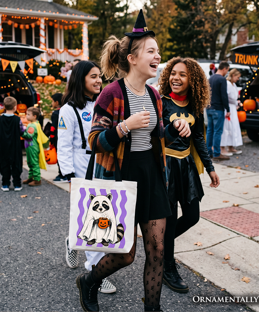Ghost Costume Raccoon Tote Bag, Halloween Pumpkin Coffee Mug Gift Shopper - Grazingbelles