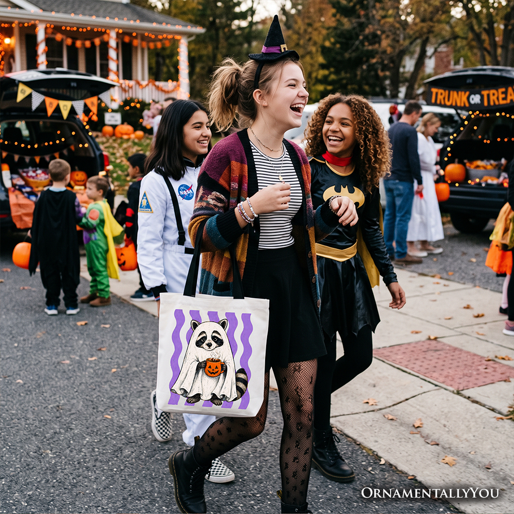Ghost Costume Raccoon Tote Bag, Halloween Pumpkin Coffee Mug Gift Shopper - Grazingbelles
