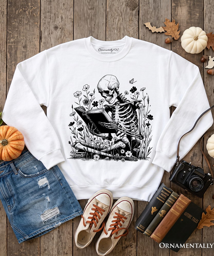 Gothic Reading Skeleton Sweatshirt, Floral Halloween Sweater for Spooky Bookworms - Grazingbelles