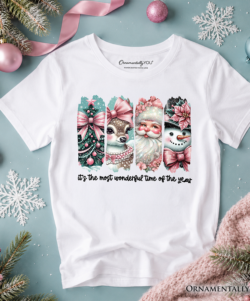 Kids Coquette Pink Christmas T-Shirt, It's The Most Wonderful Time Of The Year Vintage Tree, Reindeer, Santa and Snowman Youth Tee