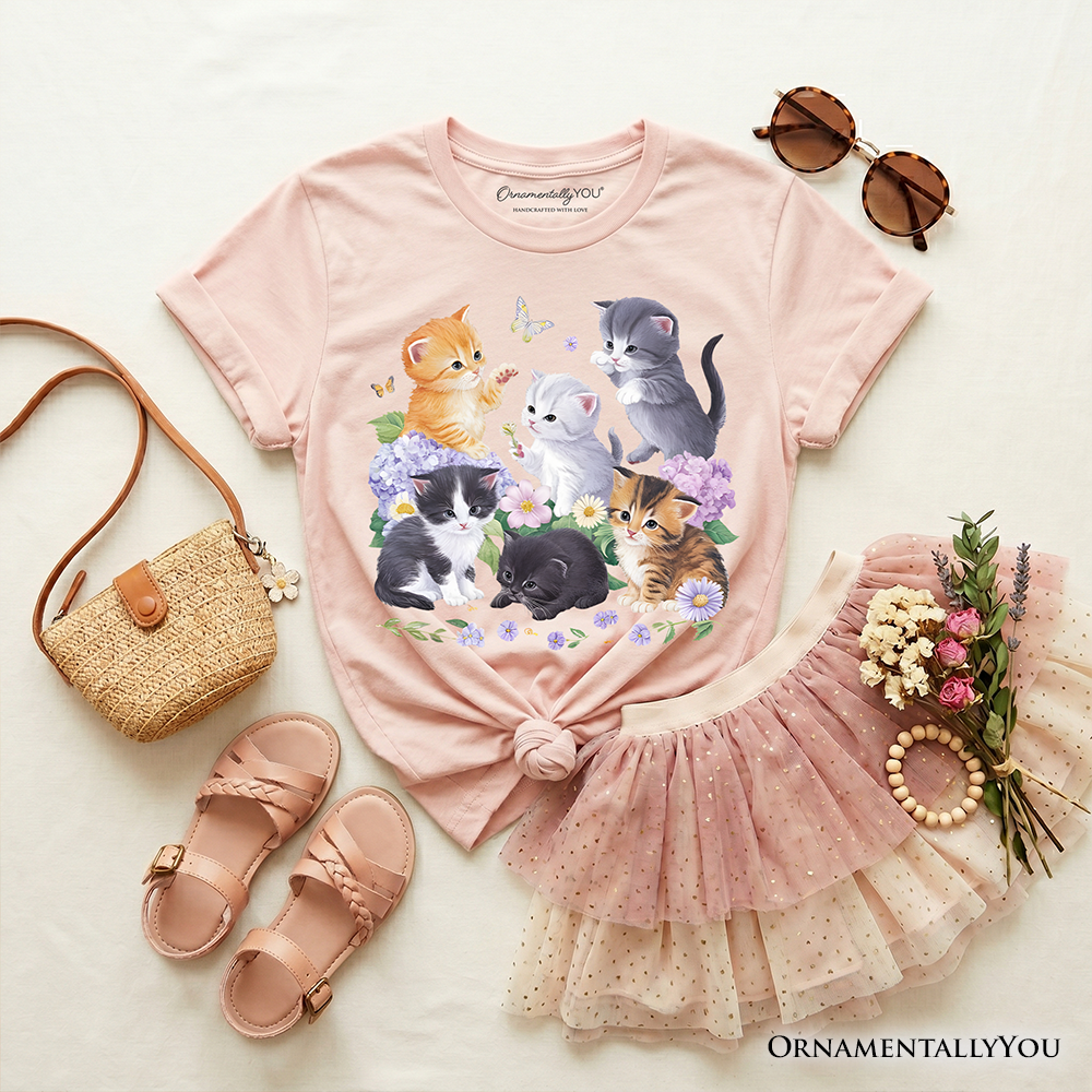Kids Cute Baby Cats Wildflower T-Shirt, Cottagecore Botanical Cat Youth Tee - Grazingbelles