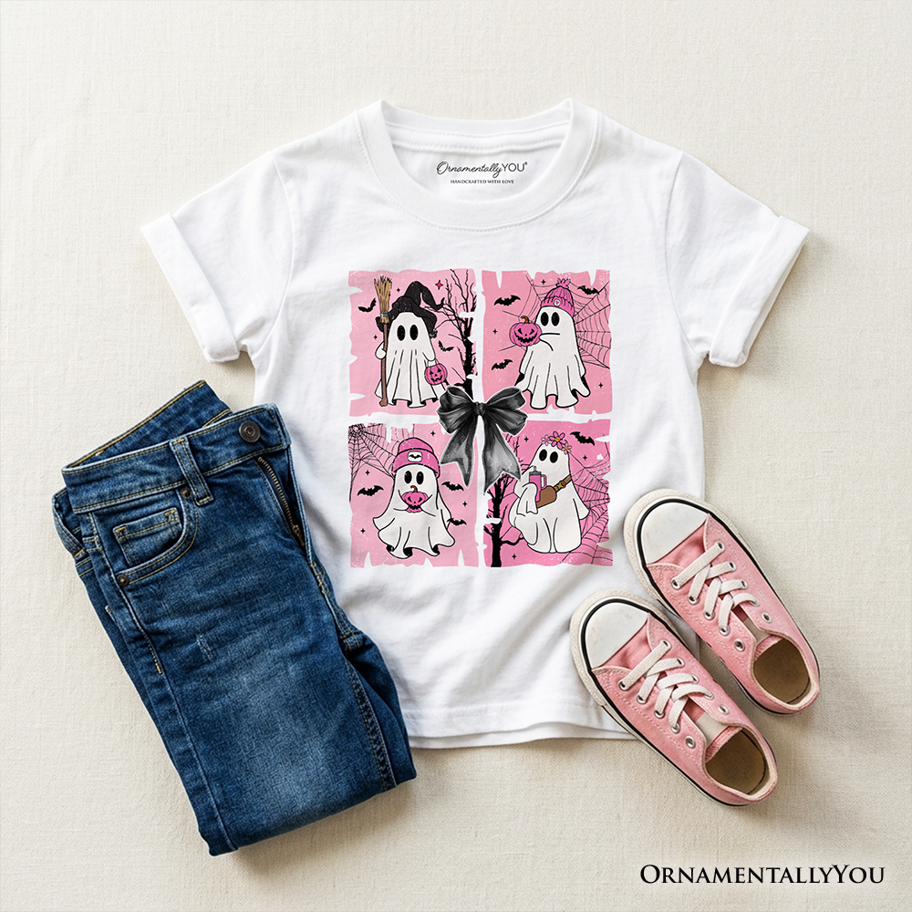 Kids Pink Halloween Ghost T-Shirt, Coquette Spooky Season Tee for Youth - Grazingbelles