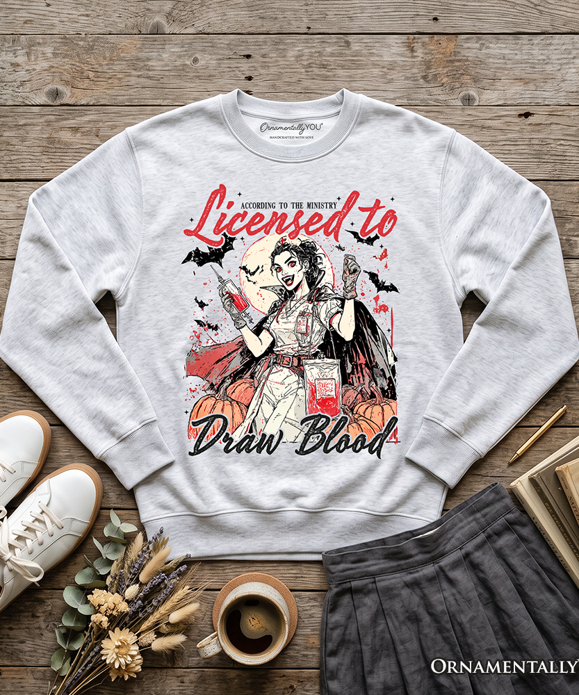 Licensed to Draw Blood Halloween Nurse Sweatshirt, Groovy Sweater for Spooky Season - Grazingbelles