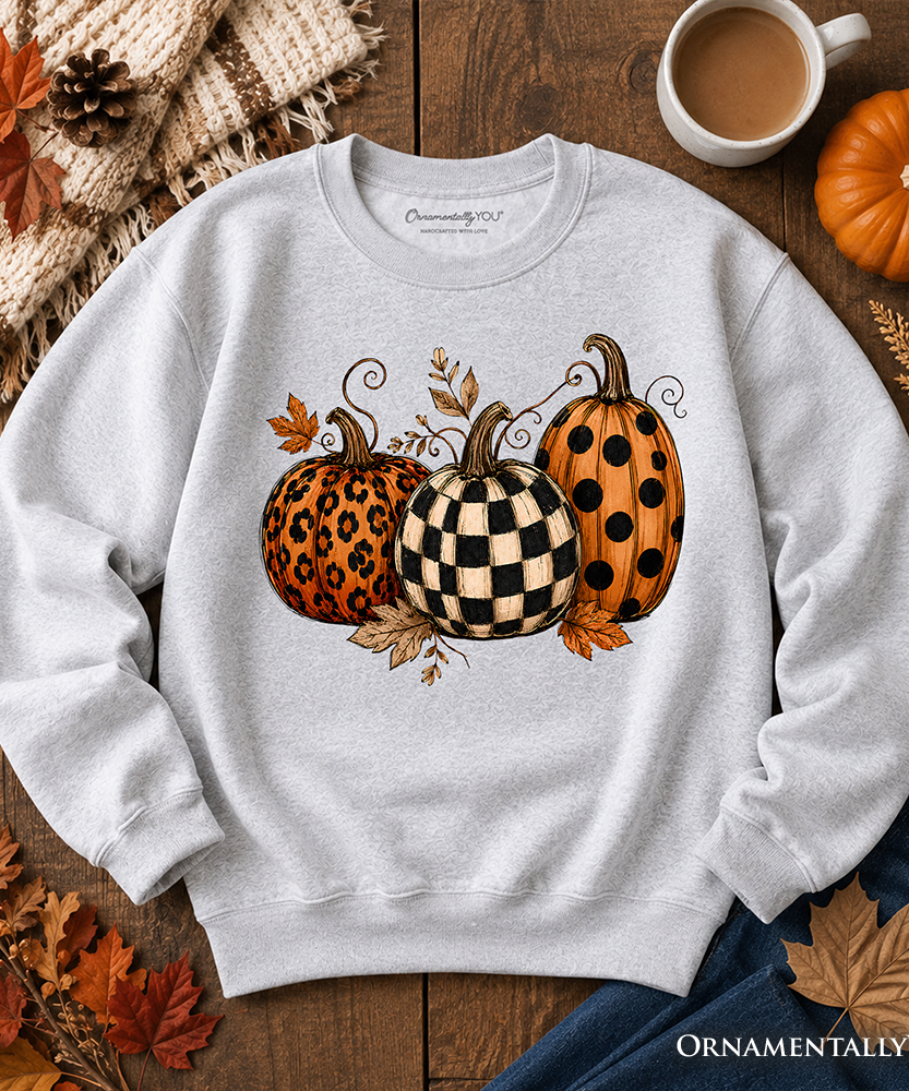 Leopard Checkered Pumpkin Sweatshirt, Autumn Fall Sweater