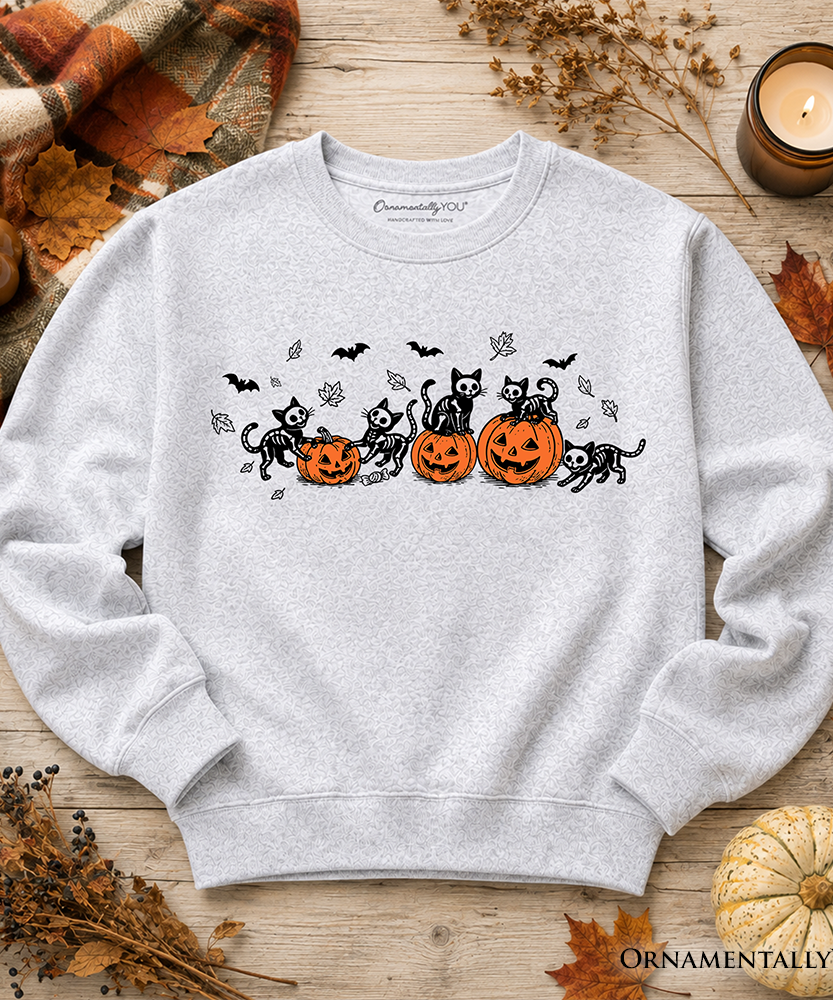 Skeleton Cats and Pumpkins Sweatshirt, Spooky Halloween Black Cat Sweater