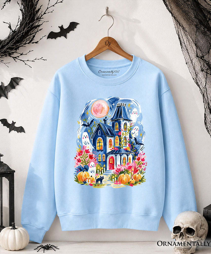Watercolor Haunted House Sweatshirt, Colorful Ghost Pumpkin Halloween Sweater - Grazingbelles