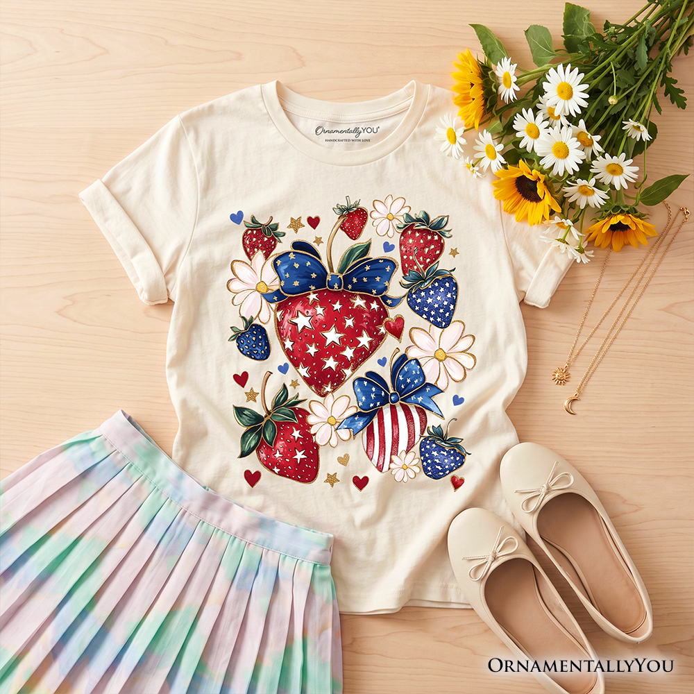 Kids Patriotic Boho Strawberries Bouquet T-Shirt, Youth 4th of July Festive Patch Tee - Grazingbelles