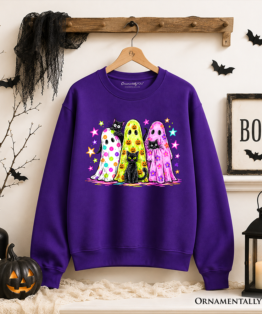 Colorful Ghosts and Black Cats Sweatshirt, Neon Halloween Spooky Season Sweater