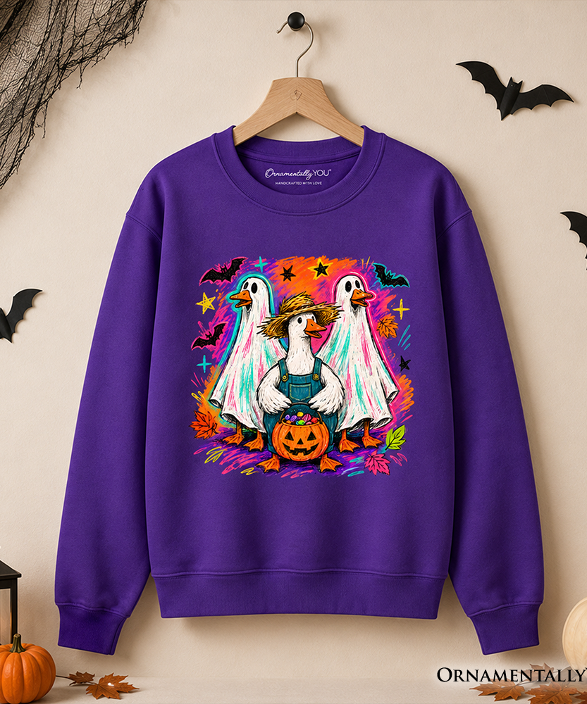 Trick or Treat Geese Sweatshirt, Colorful Halloween Ghost Costume Sweater
