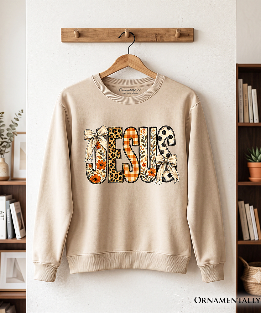 Jesus Coquette Fall Sweatshirt, Leopard Plaid Floral Christian Faith Sweater - Grazingbelles