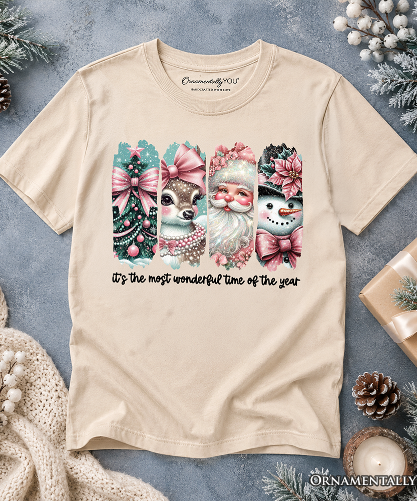 Kids Coquette Pink Christmas T-Shirt, It's The Most Wonderful Time Of The Year Vintage Tree, Reindeer, Santa and Snowman Youth Tee