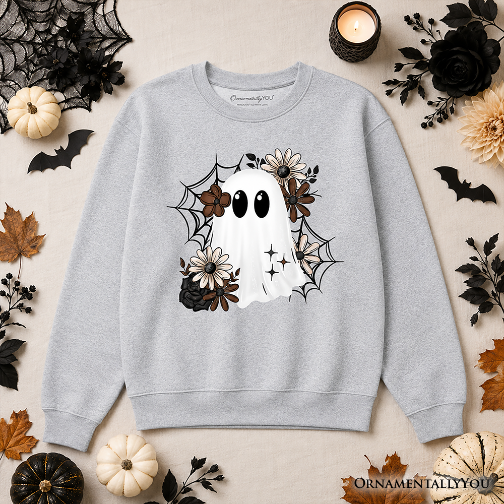 Floral Ghost Sweatshirt, Neutral Boho Halloween Spider Web Sweater