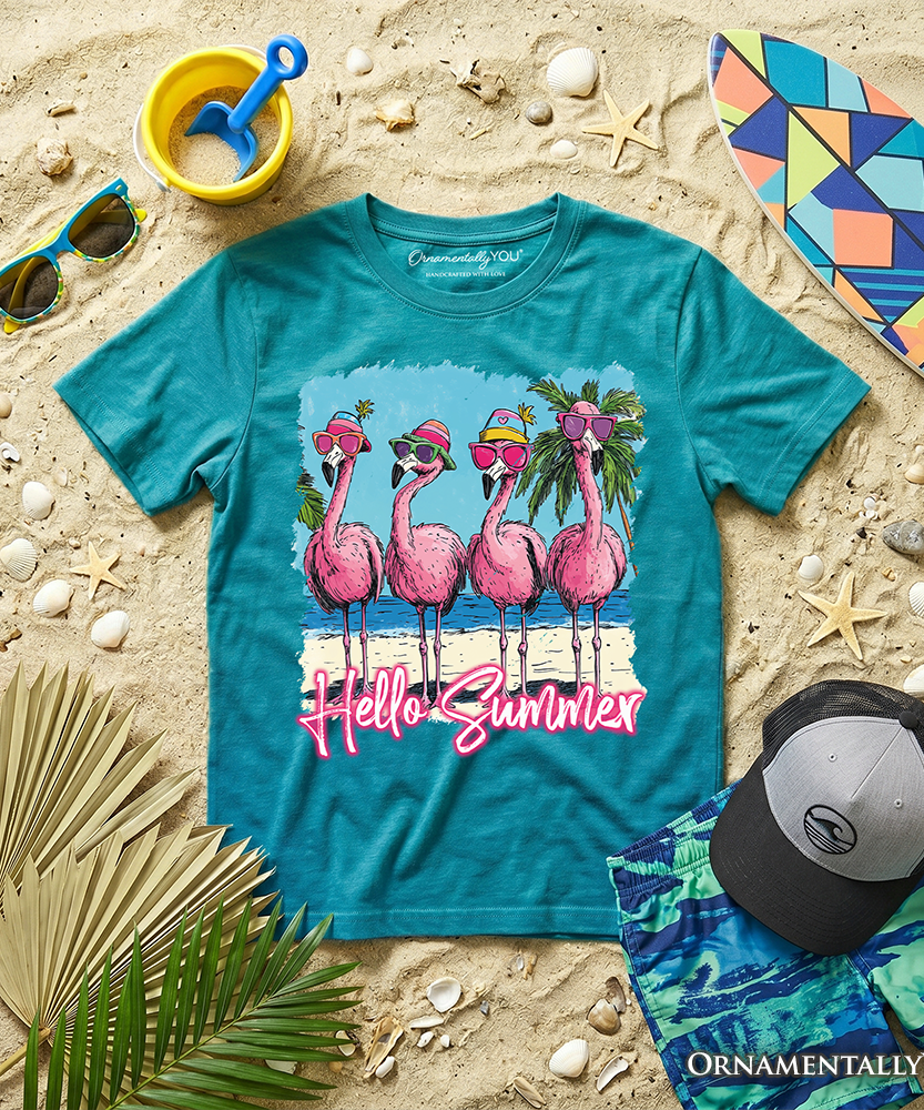 Kids Flamingo Hello Summer T-Shirt, Tropical Beach Vacation Youth Tee - Grazingbelles