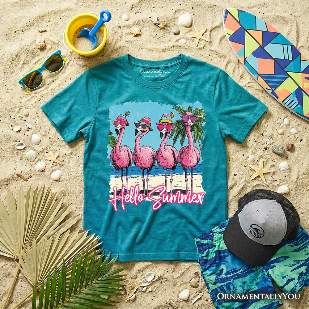 Kids Flamingo Hello Summer T-Shirt, Tropical Beach Vacation Youth Tee - Grazingbelles
