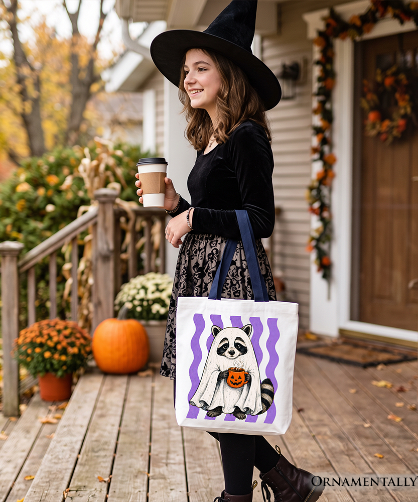 Ghost Costume Raccoon Tote Bag, Halloween Pumpkin Coffee Mug Gift Shopper - Grazingbelles