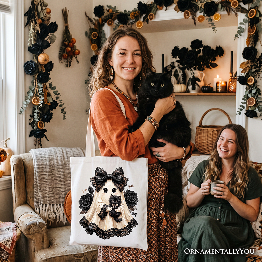 Gothic Ghost with Black Cat Tote Bag, Black Rose Coquette Halloween Gift Shopper - Grazingbelles