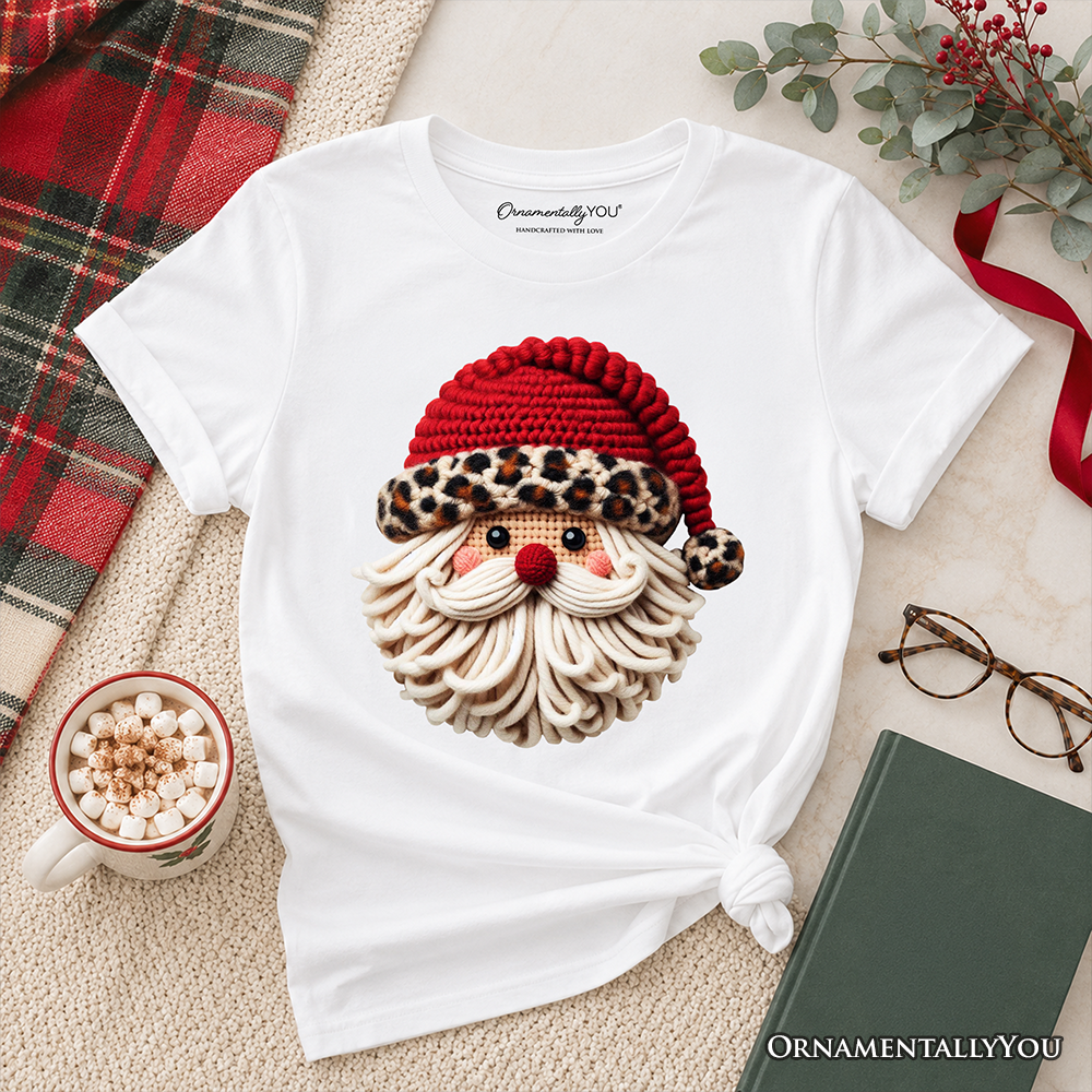 Kids Santa Leopard Hat Christmas T-Shirt, Imitation Latch Hook Yarn Cozy Youth Tee - Grazingbelles