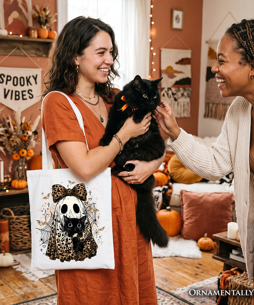 Leopard Bow Ghost with Black Cat Tote Bag, Spooky Halloween Spider Web Gift Shopper - Grazingbelles