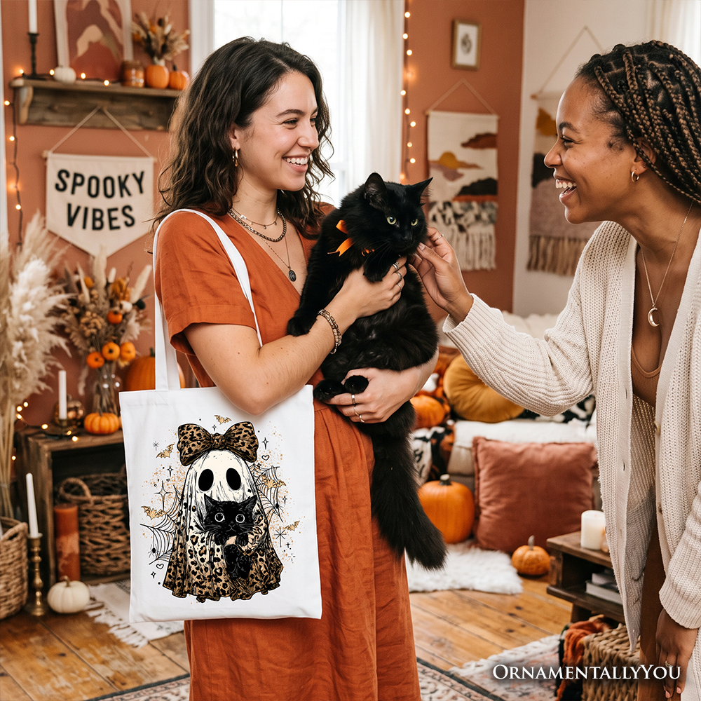 Leopard Bow Ghost with Black Cat Tote Bag, Spooky Halloween Spider Web Gift Shopper - Grazingbelles